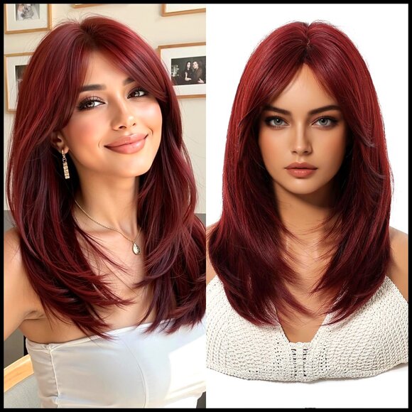 Layered Glueless Straight Wig with Bangs Heat Resistant Synthetic Party Wear main image 6